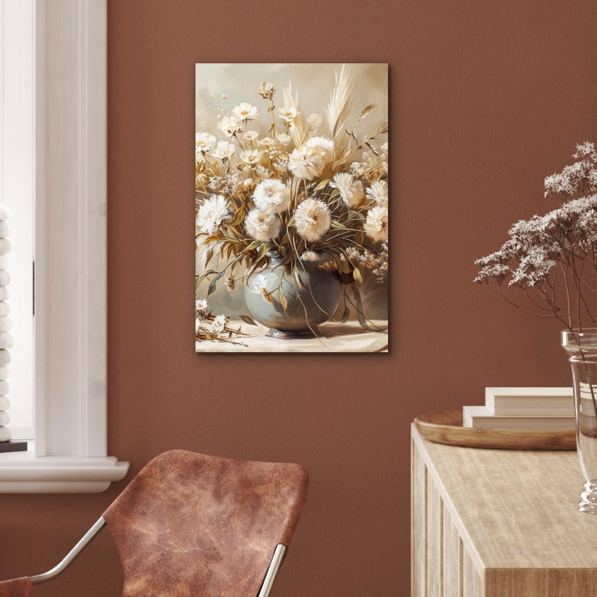 METALLBILD Blumen - Vase - Stilleben - Beige Deko Schlafzimmer 40x60 cm - Creme, Metall (40/60cm) - MuchoWow