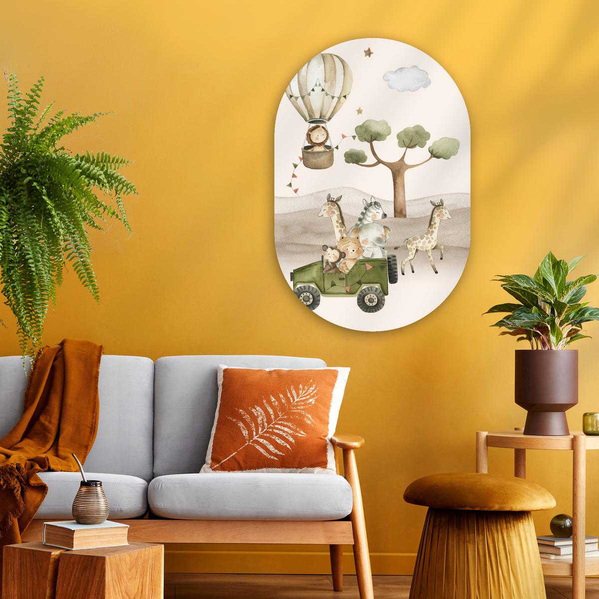 WANDBILD Wilde Tiere - Safari - Aquarell - Heißluftballon Wanddeko Schlafzimmer 60x90 cm - Beige, Kunststoff (60/90cm) - MuchoWow