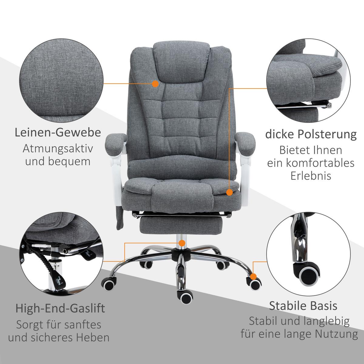 CHEFSESSEL mit Massagefunktion, Ergonomischer Schreibtischstuhl mit Liegefunktion - Silberfarben/Grau, Kunststoff/Textil (70/119/65cm) - Vinsetto