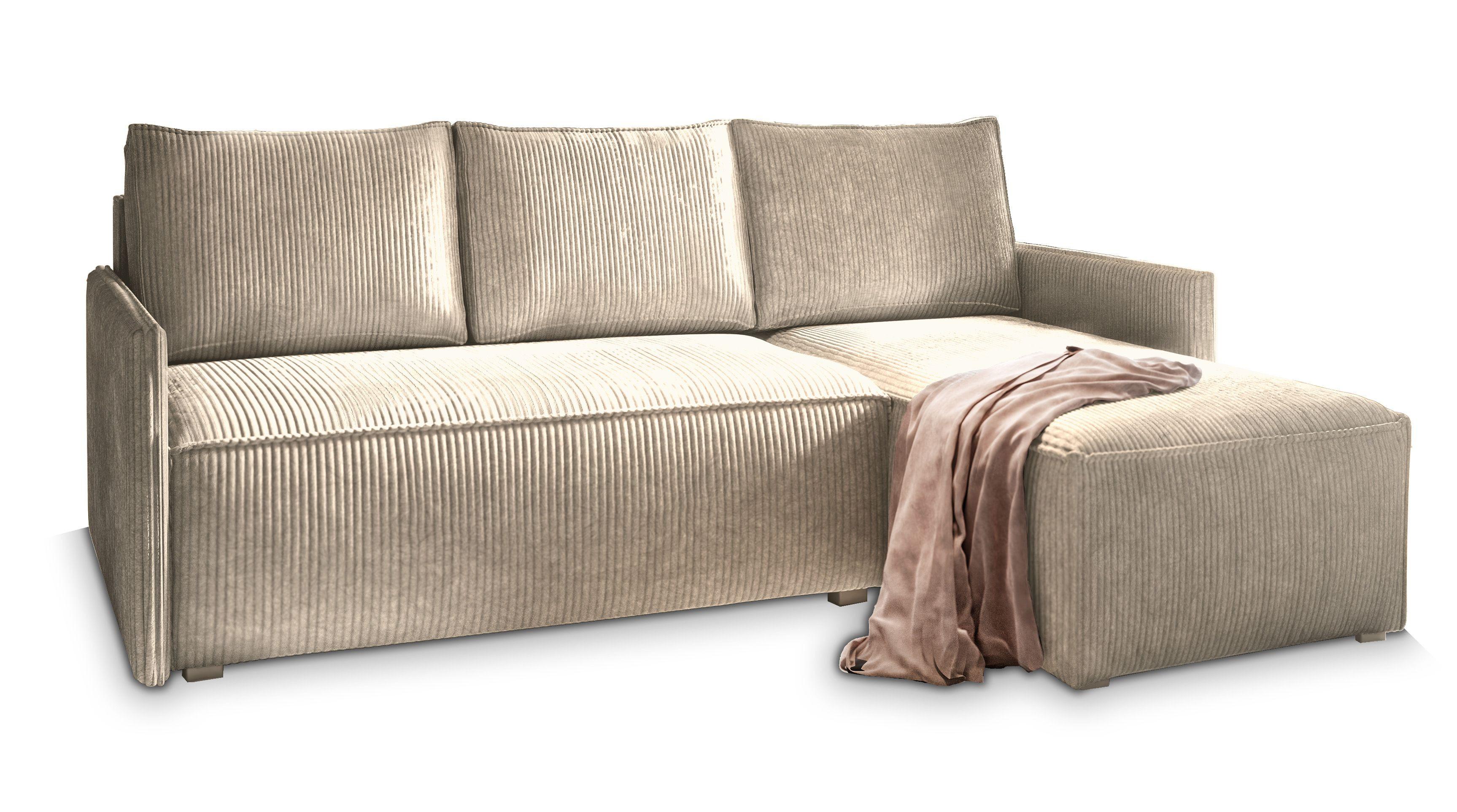 ECKSOFA PERUSI Beige Kordstoff mit Schlaffunktion - Beige/Grau, Holz/Kunststoff (206/143cm) - MASSENO