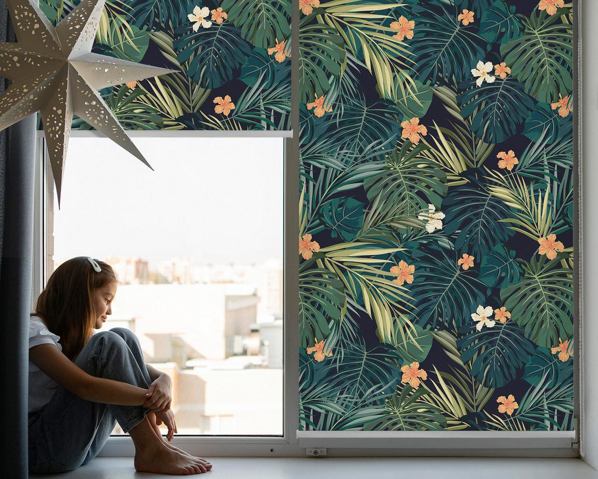 INNENROLLO - Fensterrollo - Rollo - 150x140 cm - Tropische Blätter und Blüten - Grün, Kunststoff (150/140/0.5cm) - TULUP