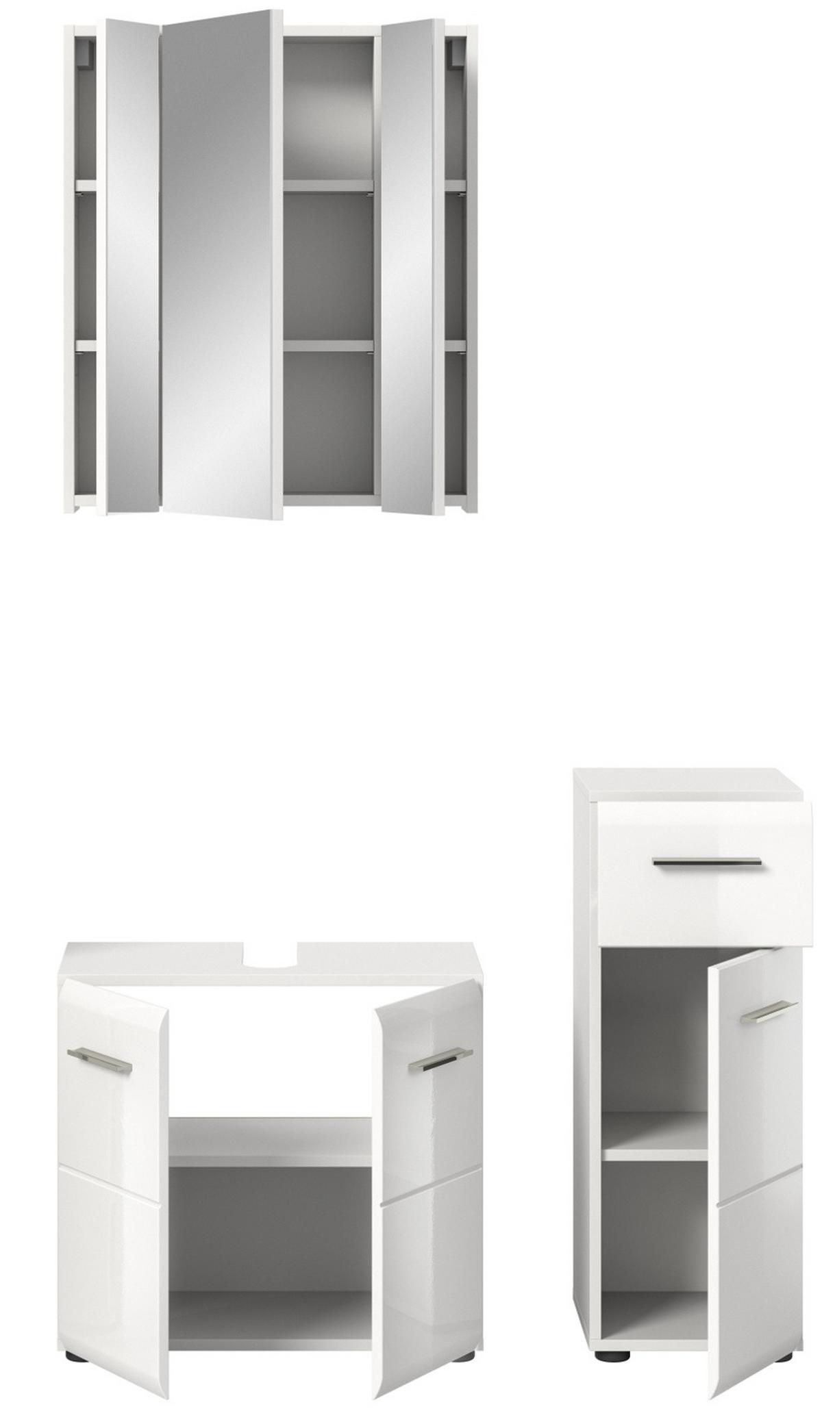 BADMÖBEL-SET 3-teilig weiß Hochglanz, Badkombination 105 x 185 cm - Weiß Hochglanz/Silberfarben, Glas/Holzwerkstoff (105/185/30cm) - Inn.Furn