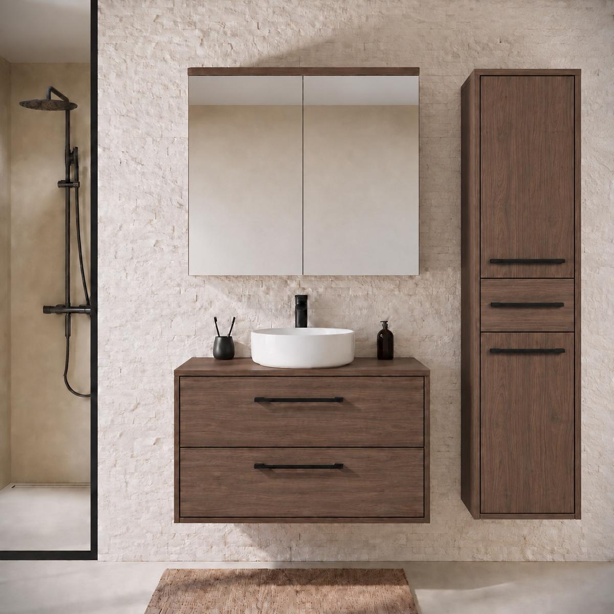 BADMÖBEL-SET Florence 3 Teile Walnuss Braun - 80 x 46 x 46 cm - Walnussfarben, Holz (80/46/46cm) - Badplaats