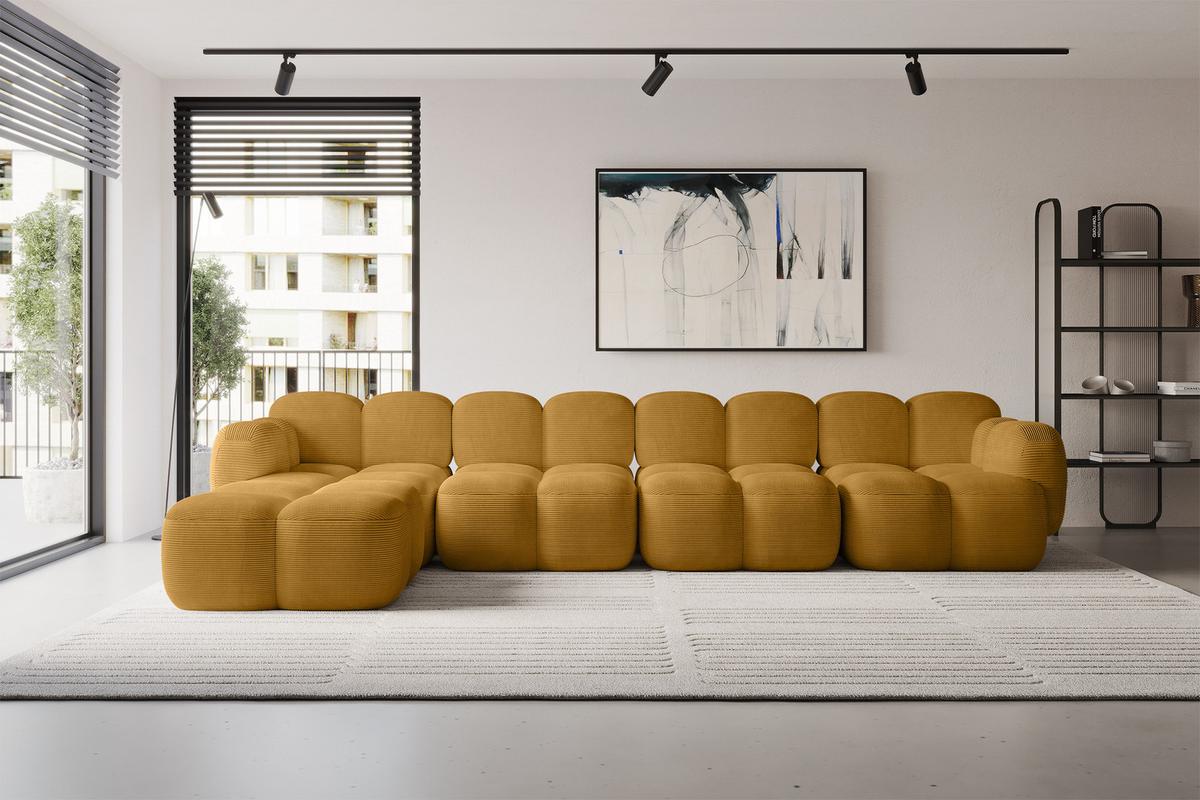 ECKSOFA modulares Sofa Links Miko-L3 390x205x75 Senfgelb Cord - Schwarz/Honig, Holzwerkstoff/Kunststoff (390/205cm) - ALTDECOR