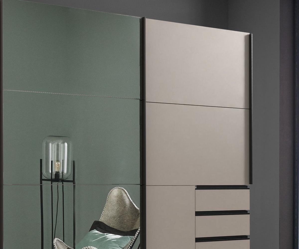 SCHWEBETÜRENSCHRANK 3-türig B270/H208/64 cm, Sandgrau, eine Spiegeltür, Kleiderschrank mit Schubladen & Vollausstattung / 22615 - Sandfarben/Anthrazit, Holzwerkstoff/Metall (270/208/64cm) - luma-home