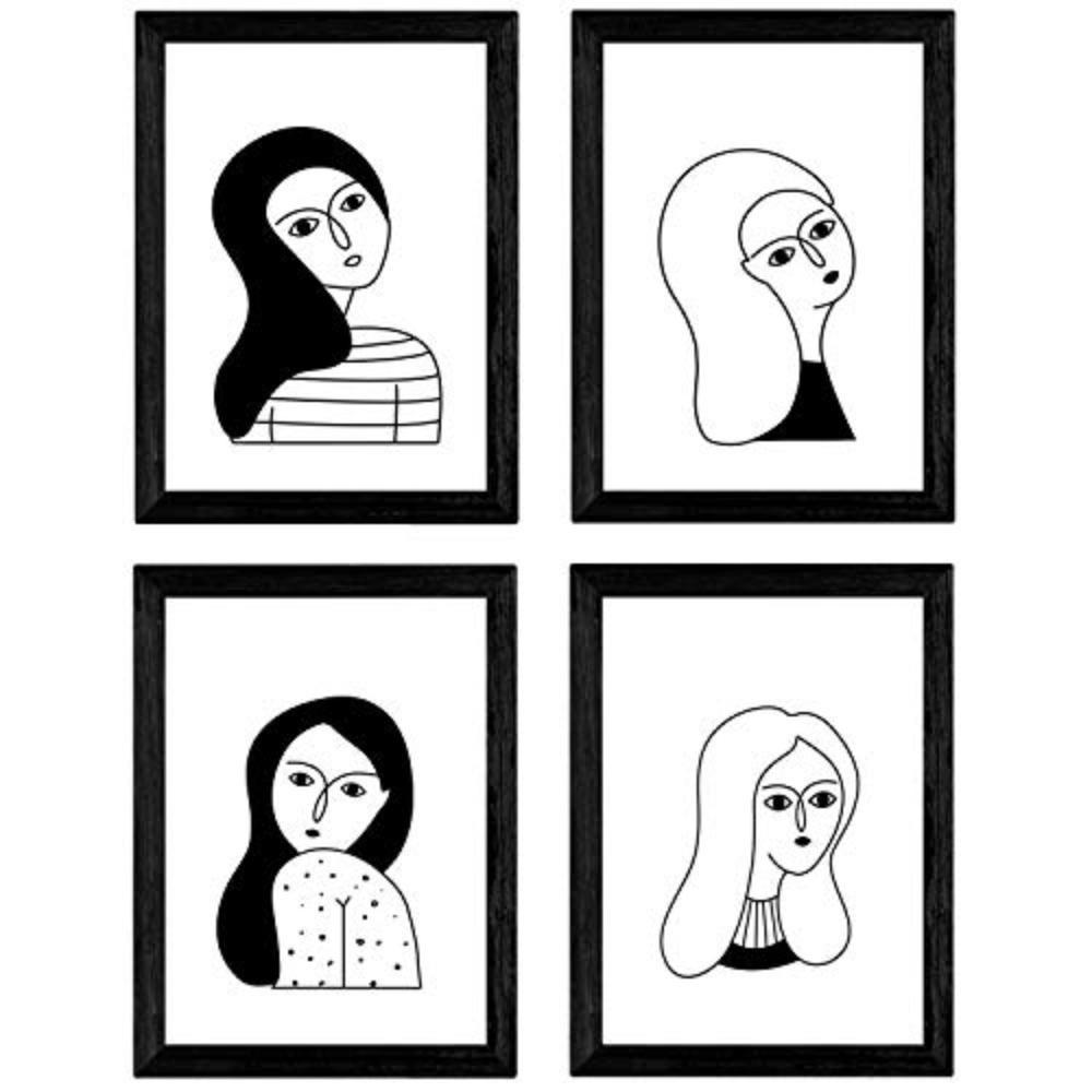 POSTER Set mit 4 „Vier Frauen“ Zeichnungen von Frauen A4 Schwarzer Rahmen - Schwarz, Papier (29.7/3cm) - Nacnic