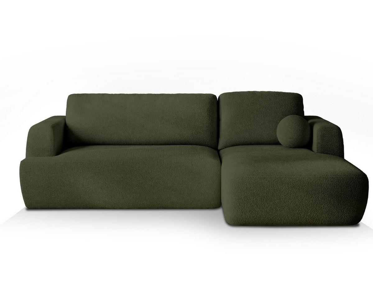 ECKSOFA SENTI N R-S Grün Boucle-Stoff mit Schlaffunktion - Schwarz/Grün, Holz/Kunststoff (246/148cm) - MASSENO