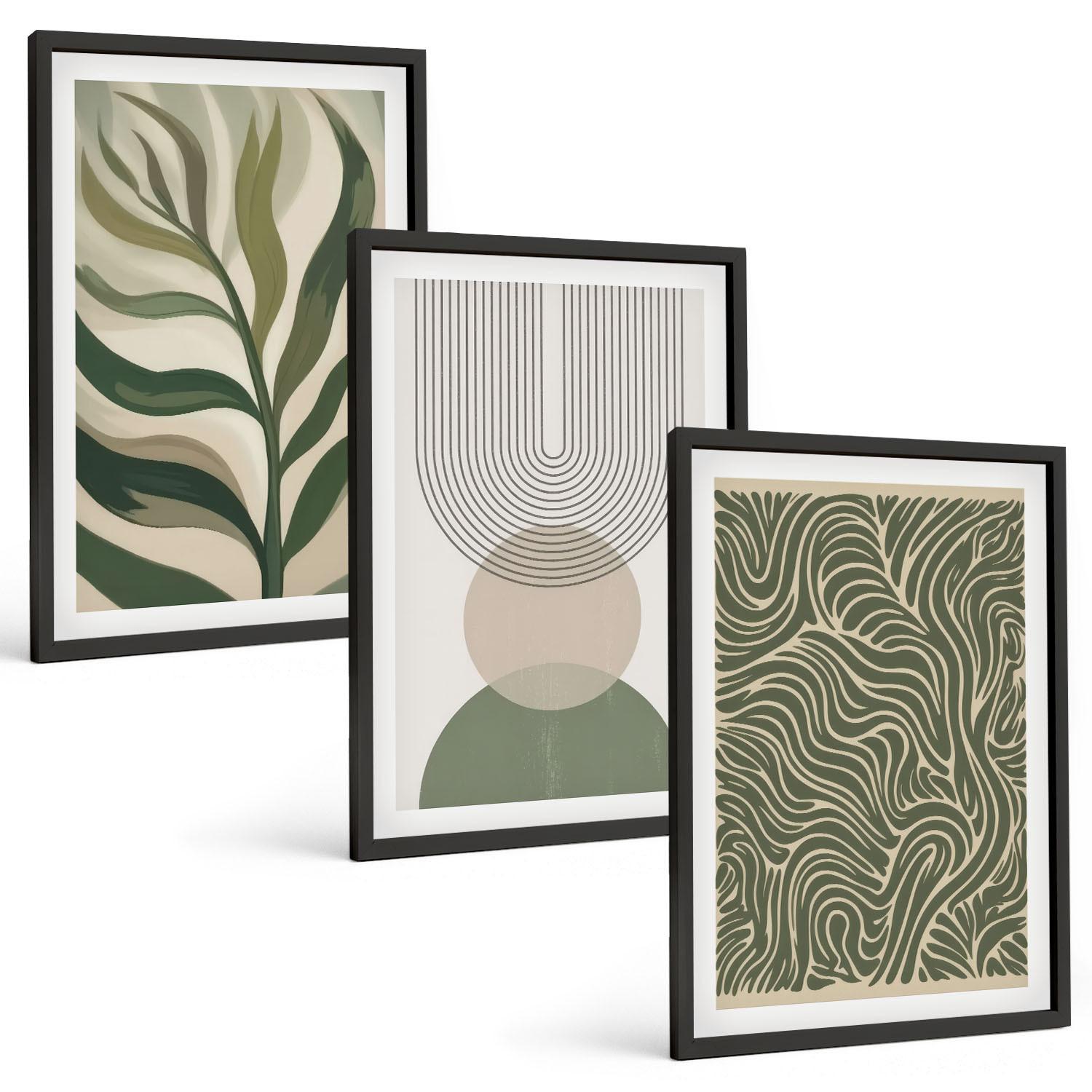 BILDER SET 3er Set - 40x60 cm Schwarzer Rahmen - Geometrische Blattformen - Schwarz, Kunststoff (40/60cm) - TULUP