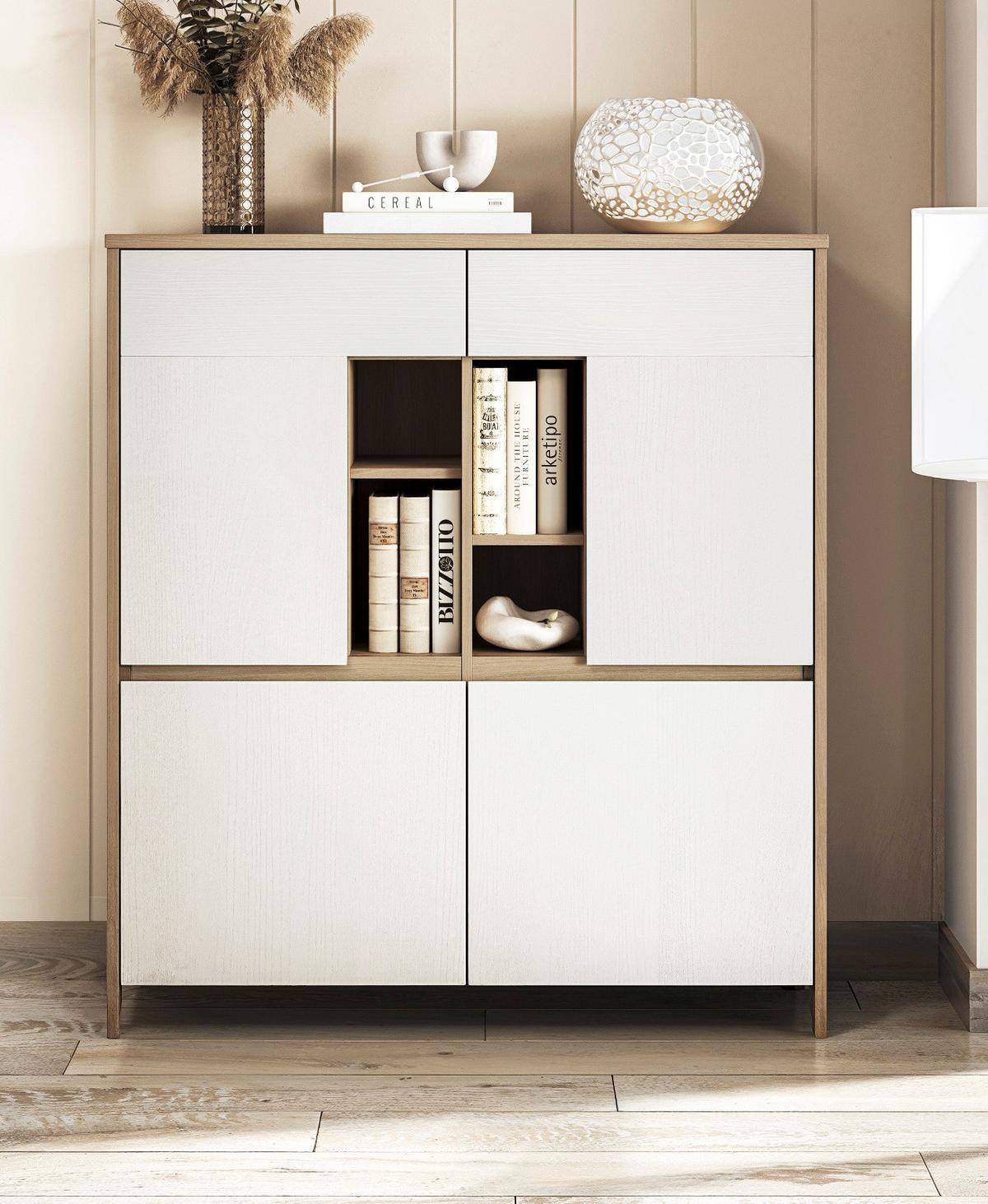 WOHNKOMBINATION weiß, Eiche, Set mit Highboard und Schreibtisch, Soft-Close, Finnes - Eichefarben/Weiß, Glas/Holzwerkstoff (246/125/60cm) - Furn.Design