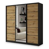SCHWEBETÜRENSCHRANK NATA 180/205/58 cm 3-türig mit Spiegel und Schubladen Schwarz / Eiche Artisan - Schwarz/Eiche Artisan, Holzwerkstoff (180/205/58cm) - MASSENO