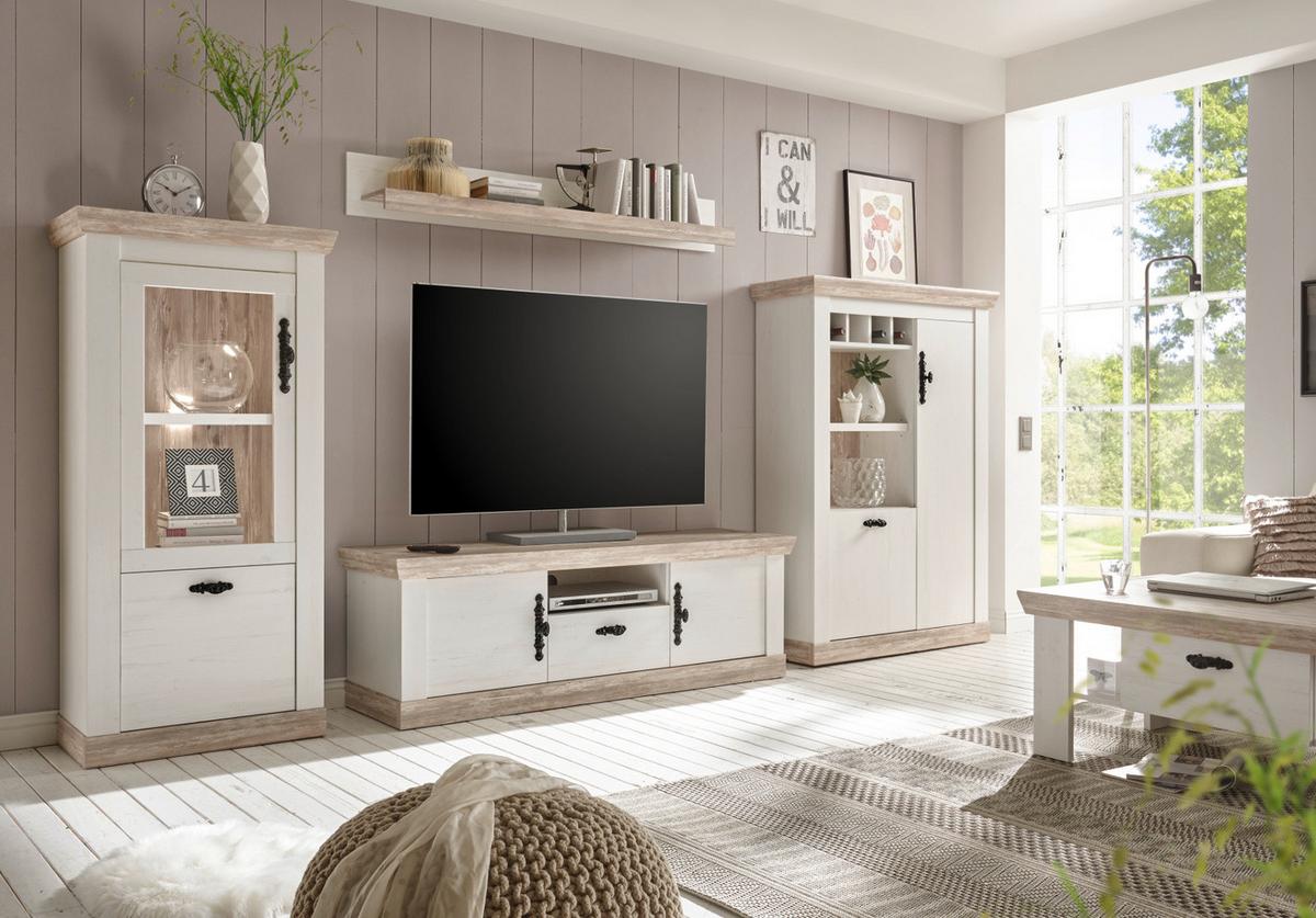 WOHNWAND Pinie weiß, Oslo Pinie Landhaus, Schrankwand 4-teilig, 352 x 170 cm - Anthrazit/Weiß, Holzwerkstoff/Metall (352/170/44cm) - Furn.Design