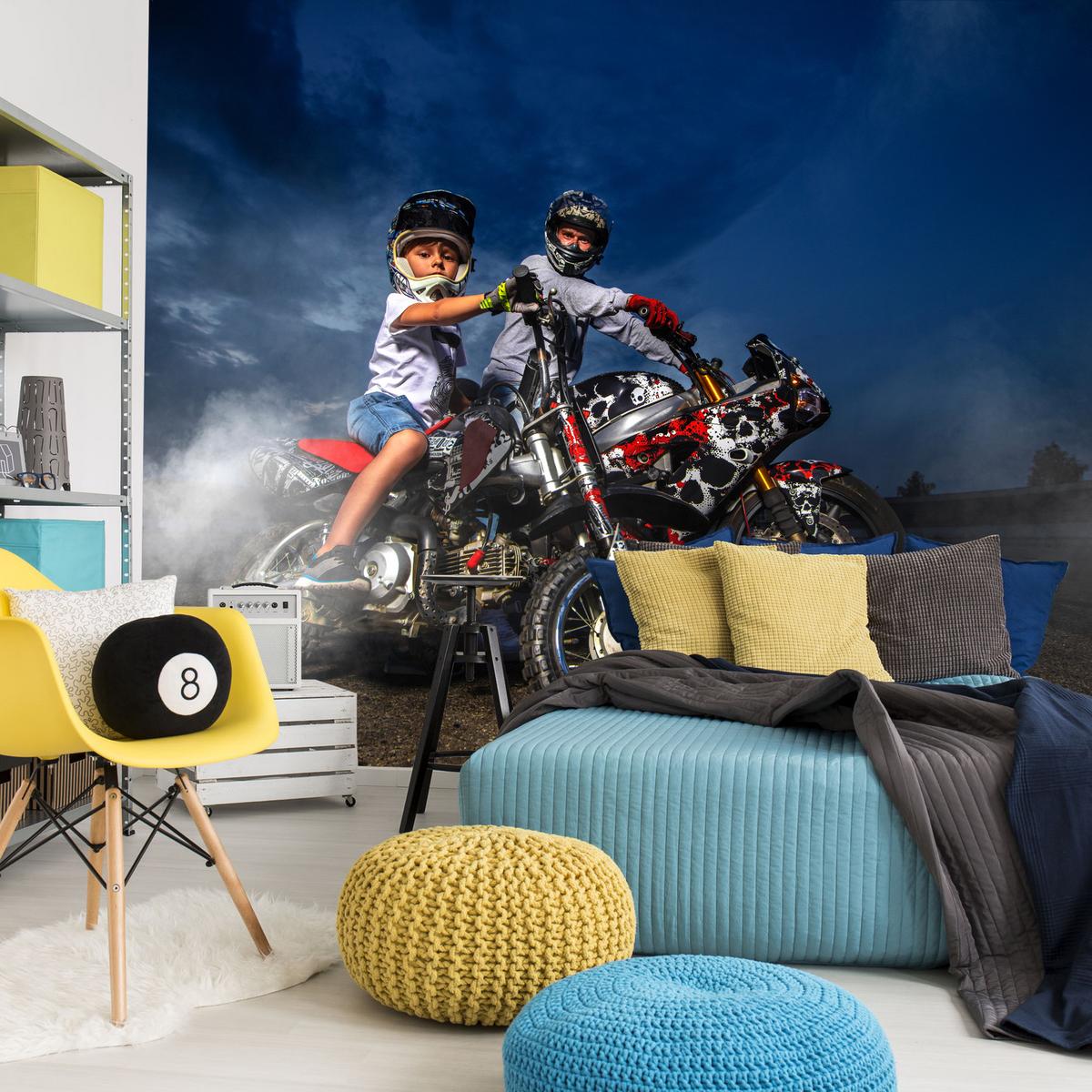 FOTOTAPETE für Schlafzimmer Vater Sohn Motorräder Action 300x210 - Rot/Schwarz, Papier (300/210cm) - Muralo