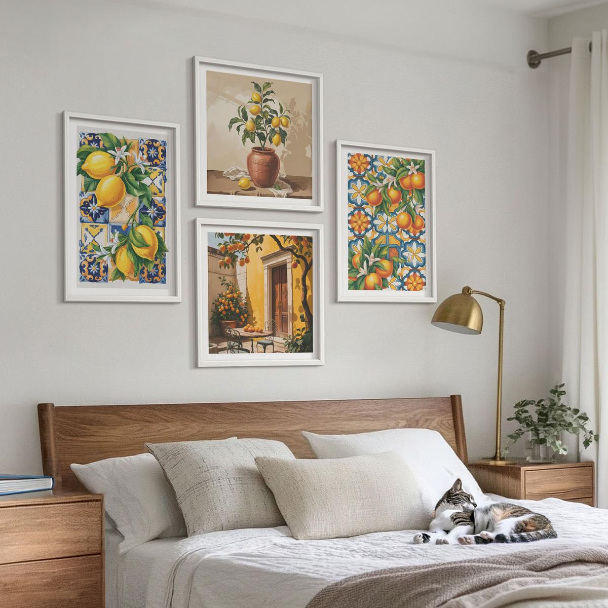 BILDER SET 4er Set - 50x50 cm & 40x60 cm Weißer Rahmen - Zitronenorange Blütenmuster - Weiß, Kunststoff (50/50cm) - TULUP