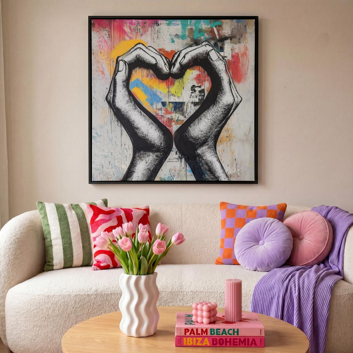 LEINWAND Bilder mit Rahmen - Hände - Herz - Straßenkunst - Graffiti - 90x90 - Multicolor, Textil (90/90cm) - MuchoWow
