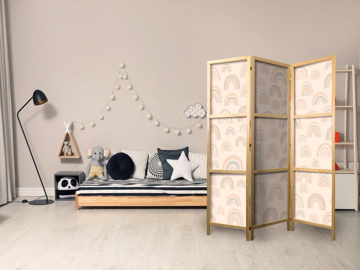 PARAVENT Japanischer 3-tlg 135x172 cm Regenb gen f r Kinder - Beige, Holz/Textil (135/172/3cm) - Muralo