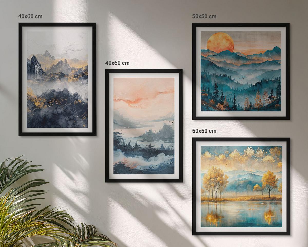 BILDER SET 4er Set - 50x50 cm & 40x60 cm Schwarzer Rahmen - Gemalte Abstraktionen der Natur - Schwarz, Kunststoff (50/50cm) - TULUP
