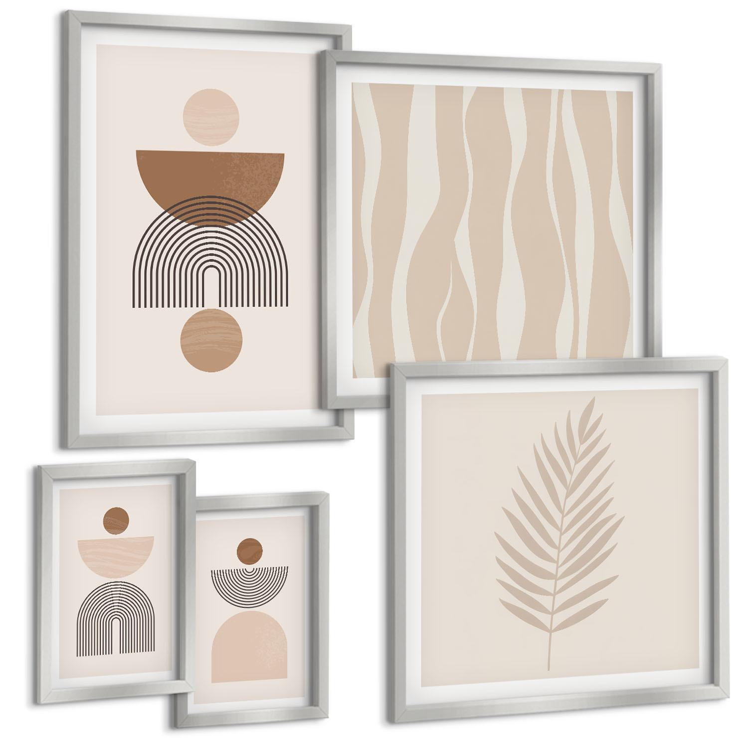 BILDER SET 5er Set - 50x50 cm & 20x30 cm & 40x60 cm Silberner Rahmen - Abstrakte Formen braun beige - Silberfarben, Kunststoff (40/60cm) - TULUP