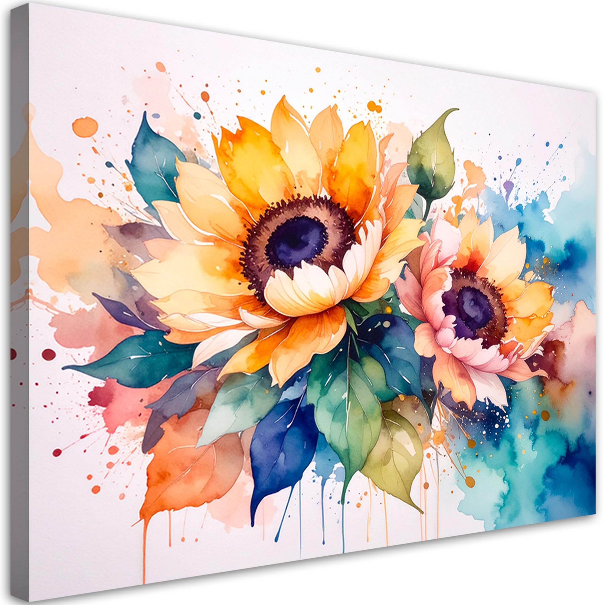 LEINWANDBILD Sonnenblumen Blumen Aquarell 90x60cm - Multicolor, Textil (90/60cm) - Feeby