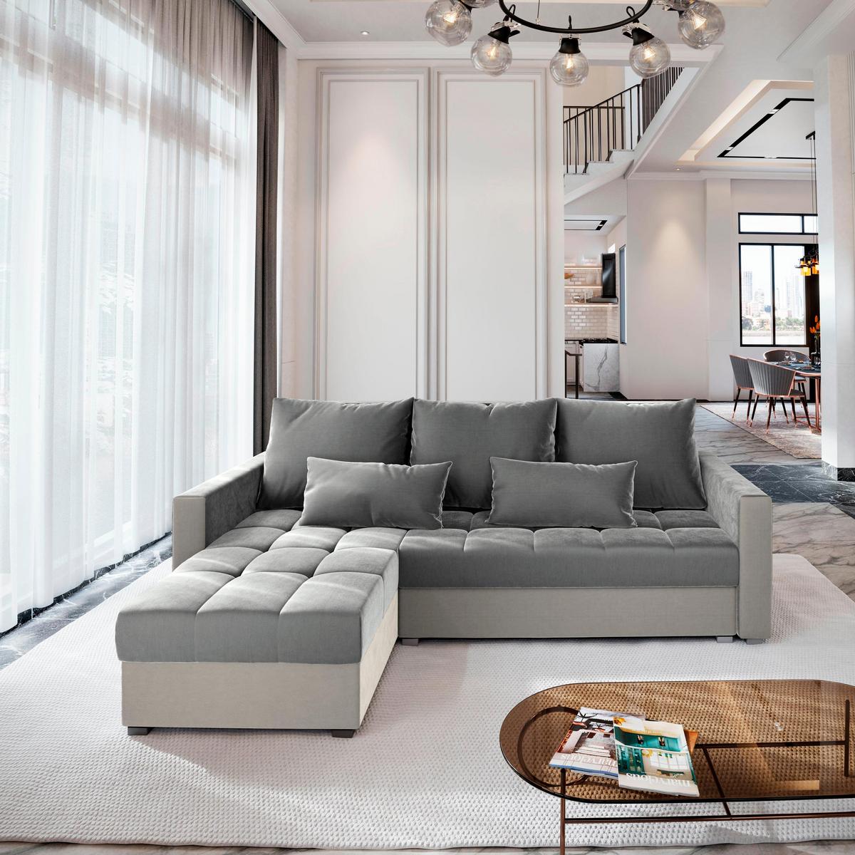 ECKSOFA KOS PIK Hellgrau Plüsch-Stoff mit Schlaffunktion - Beige/Hellgrau, Holz/Kunststoff (220/140cm) - MASSENO
