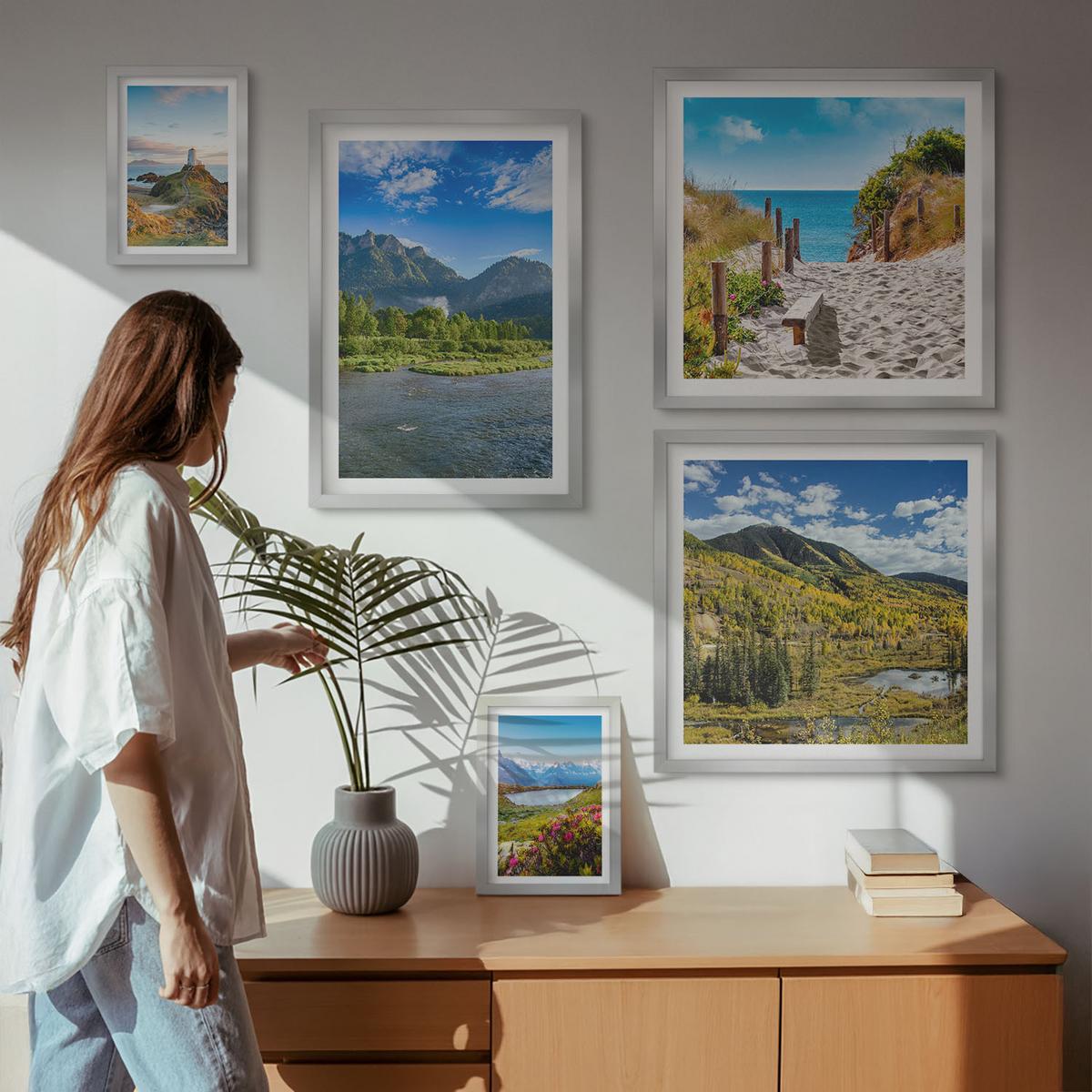 BILDER SET 5er Set - 50x50 cm & 20x30 cm & 40x60 cm Silberner Rahmen - See, Brücken, Berge - Silberfarben, Kunststoff (40/60cm) - TULUP