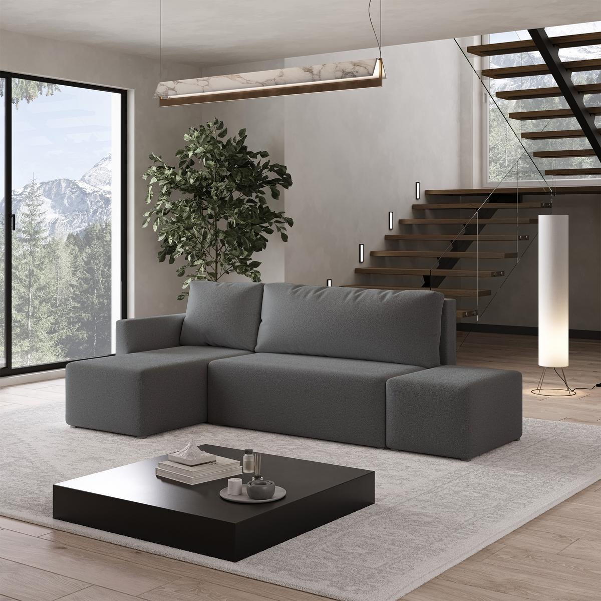 ECKSOFA VELOTTI L-S Grau Boucle-Stoff mit Schlaffunktion - Grau, Holz (261/143cm) - MASSENO