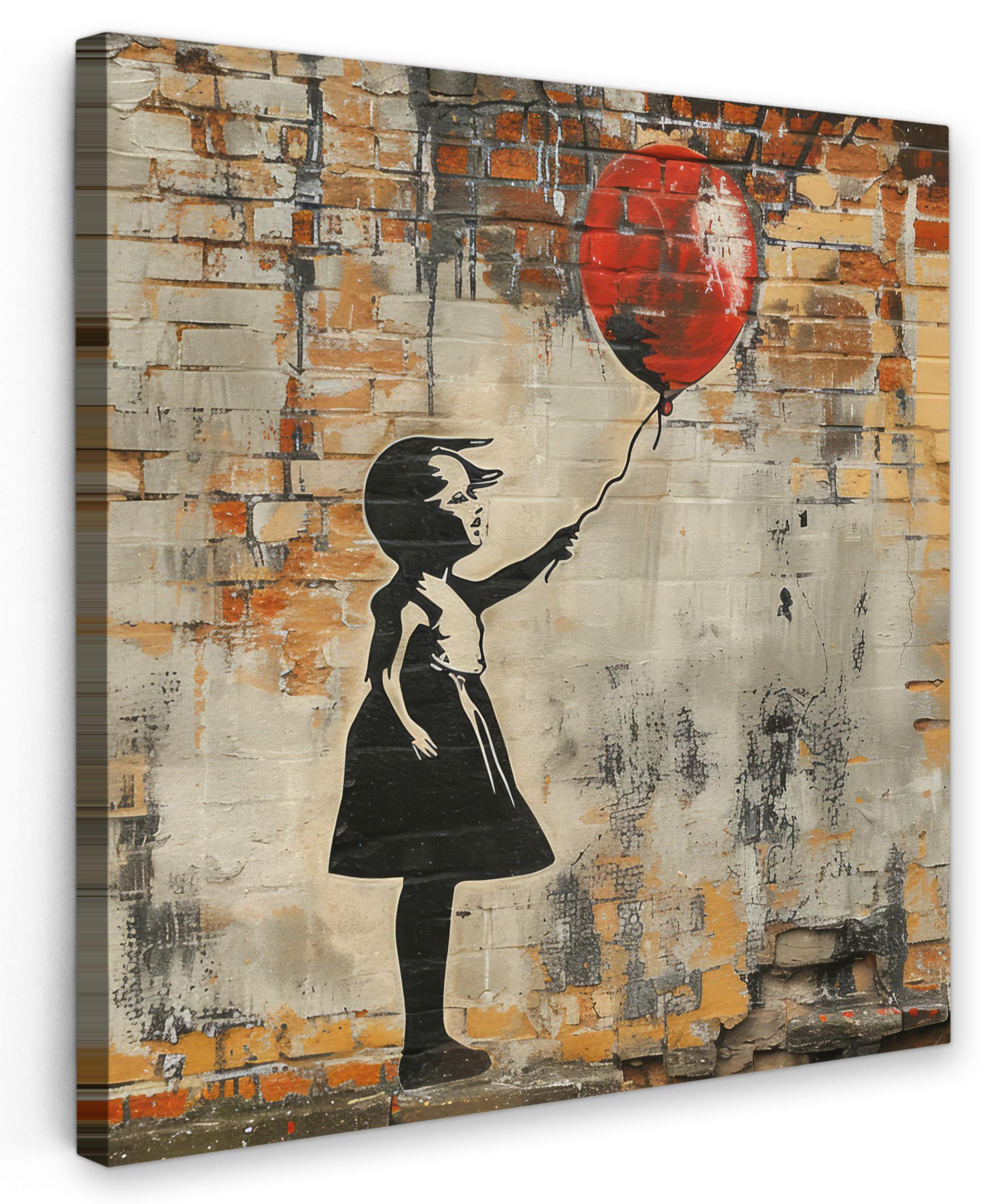 LEINWANDBILD Graffiti - Banksy - Mädchen - Straßenkunst Deko Groß 90x90 cm - Sandfarben, Textil (90/90cm) - MuchoWow