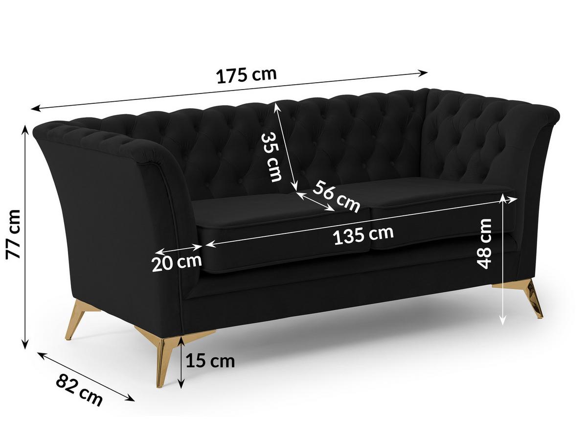 CHESTERFIELD-SOFA 2-sitzer Whitby Schwarz Samt mit goldenen Füßen - Goldfarben/Schwarz, Holz/Textil (175/78/82cm) - S-Style Möbel