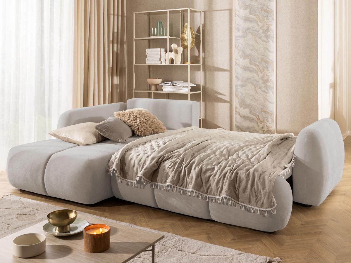 ECKSOFA Loretto aus natürlichem Beige Webstoff mit Schlaffunktion, Bettkasten und tiefen Steppungen in Bubble-Optik - Beige/Schwarz, Holz/Kunststoff (180/275cm) - S-Style