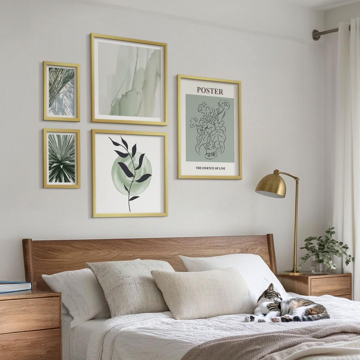 BILDER SET 5er Set - 50x50 cm & 20x30 cm & 40x60 cm Goldrahmen - Grün-beige Pflanzenmuster - Goldfarben, Kunststoff (40/60cm) - TULUP