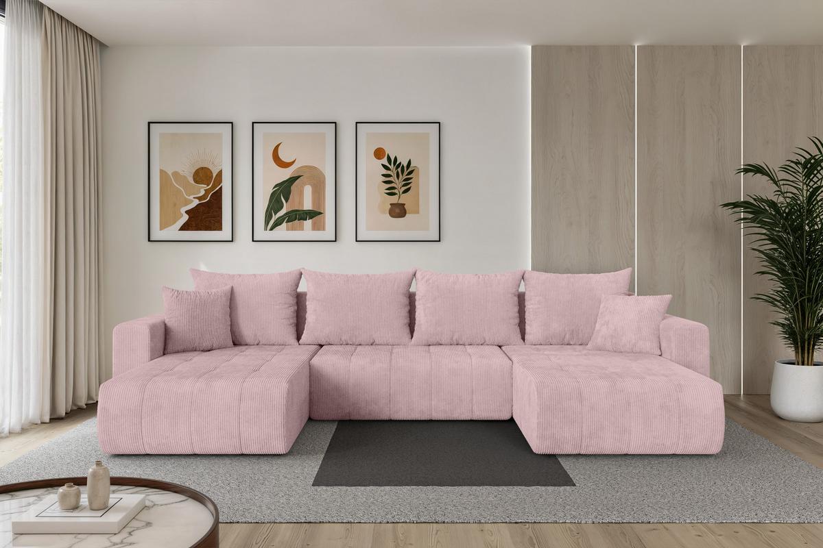WOHNLANDSCHAFT mit Schlaffunktion und Bettkasten MILA-U 378x194x86 Rosa Cord - Schwarz/Rosa, Holzwerkstoff/Kunststoff (378/86/194cm) - ALTDECOR