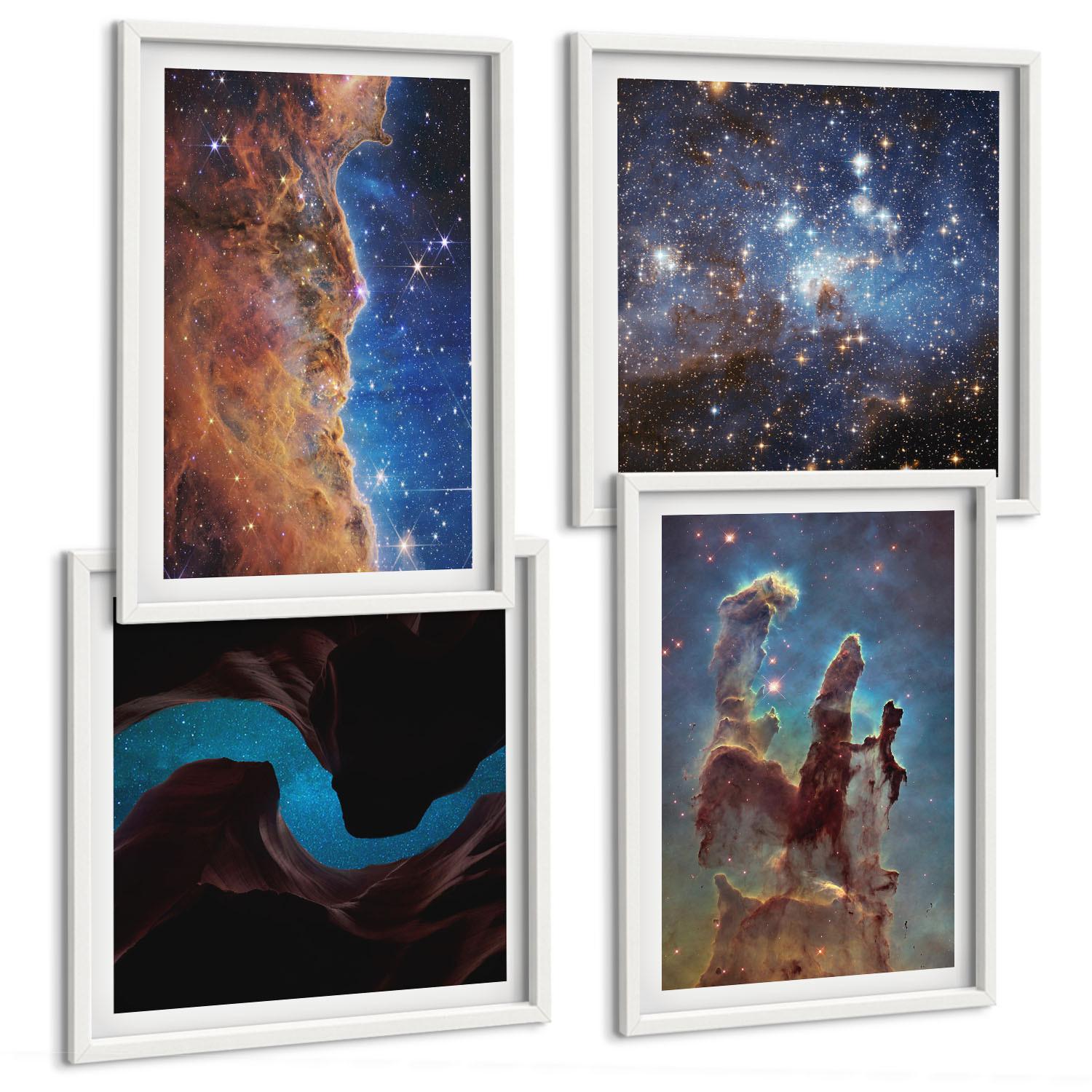 BILDER SET 4er Set - 50x50 cm & 40x60 cm Weißer Rahmen - Weltraumlandschaften von Galaxien - Weiß, Kunststoff (50/50cm) - TULUP