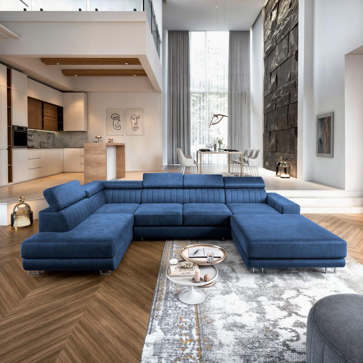 WOHNLANDSCHAFT SIENA L-S Blau Velours-Stoff mit Schlaffunktion - Blau/Silberfarben, Holz/Textil (335/89/190cm) - MASSENO