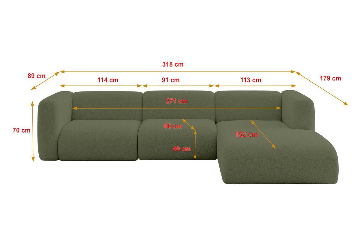 ECKSOFA Ottomane Rechts MIRA-L2 318x179x89 Grün Bouclé - Schwarz/Olivgrün, Holzwerkstoff/Kunststoff (318/179cm) - ALTDECOR