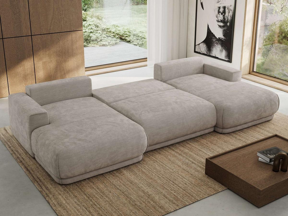 WOHNLANDSCHAFT RINA U Hellgrau Schenille glatt - Hellgrau/Schwarz, Kunststoff/Textil (360/85/170cm) - MKS