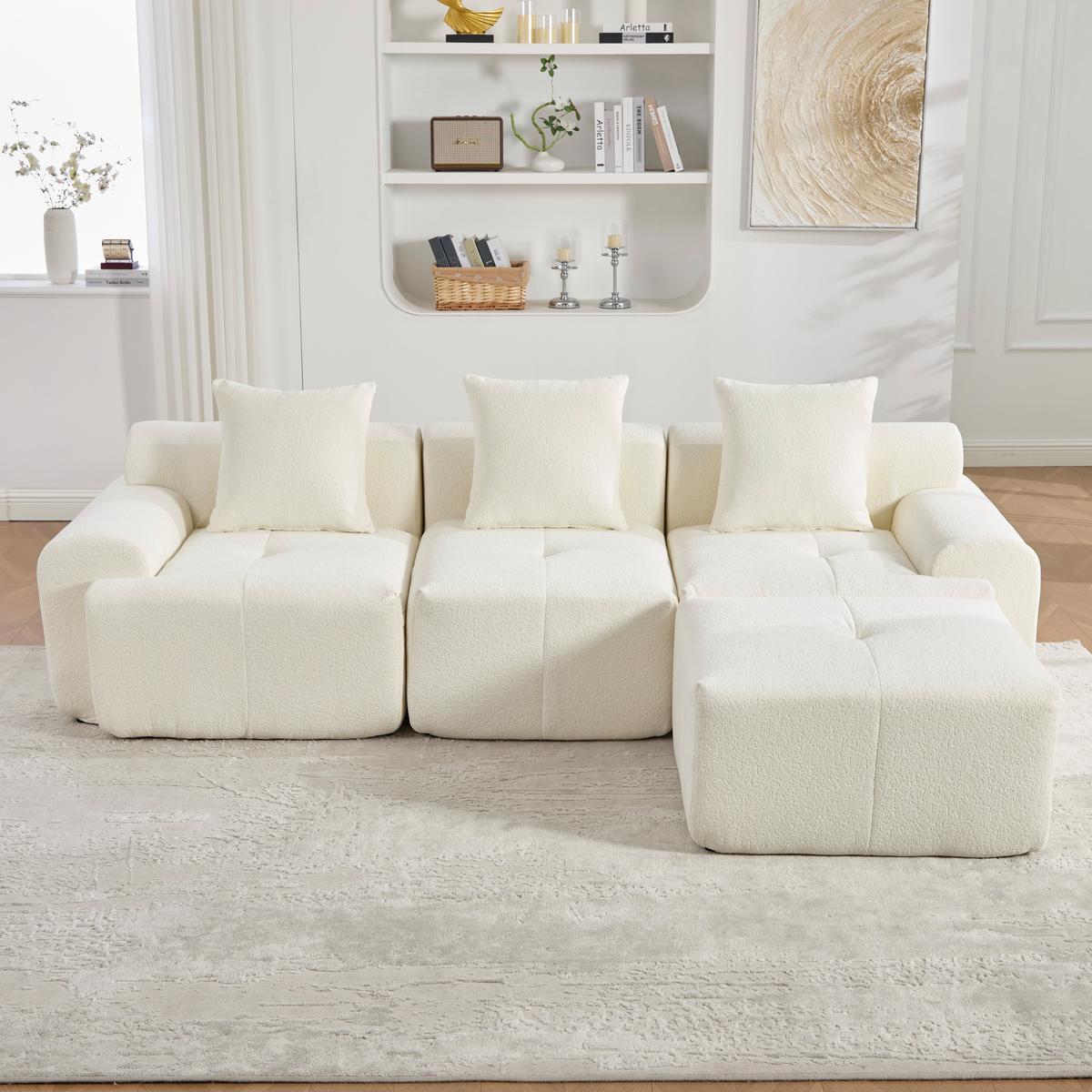 ECKSOFA Modulares Sofa Beige L-Form mit Hocker & Memory-Schaum - Beige, Textil (97/100cm) - Urban Meuble