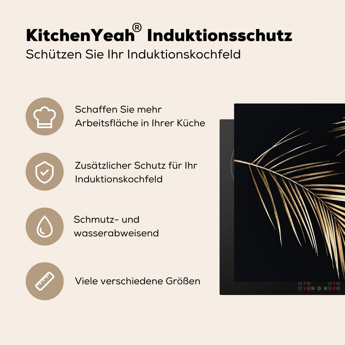 HERDABDECKPLATTE Blätter - Pflanzen - Gold - Schwarz - Luxus Herdabdeckung Induktionsfeld 65x52 cm - Goldfarben, Kunststoff (65/52/0.2cm) - MuchoWow