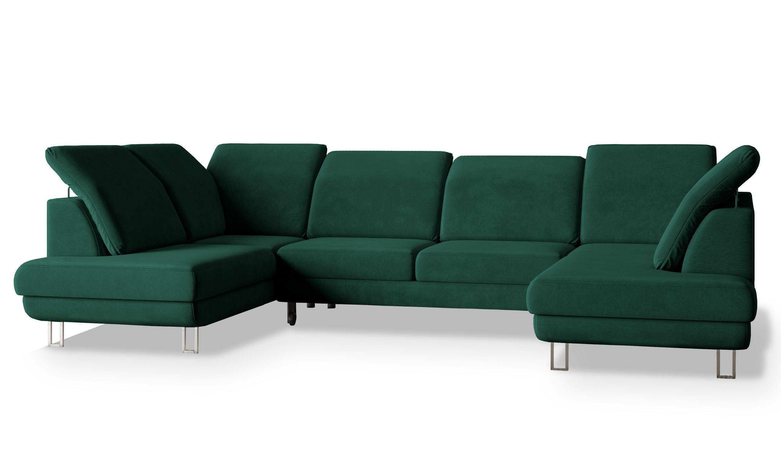 WOHNLANDSCHAFT TERAMO Grün Velours-Stoff mit Schlaffunktion - Silberfarben/Grün, Holz/Textil (316/88/193cm) - MASSENO