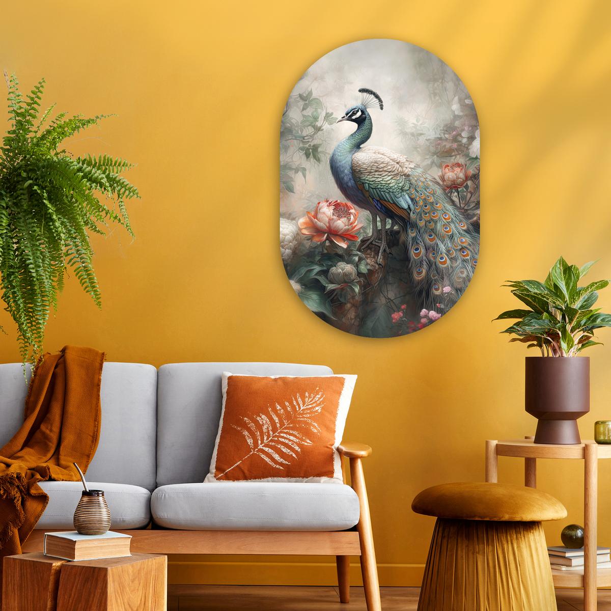 WANDBILD Pfau - Pfauenfedern - Vogel - Dschungel - Blumen Wanddeko Schlafzimmer 60x90 cm - Smaragdgrün, Kunststoff (60/90cm) - MuchoWow