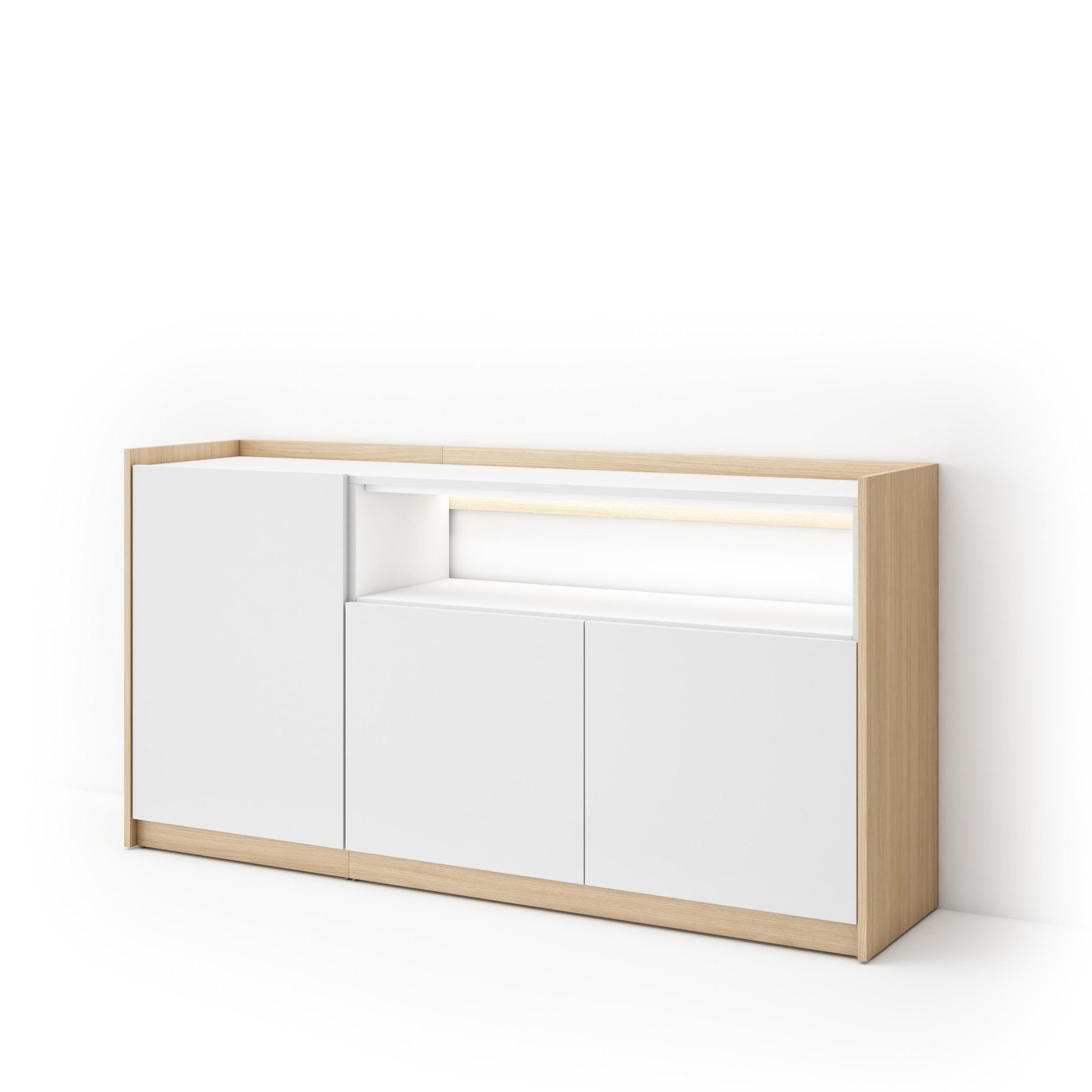 SIDEBOARD, Weiß und Eiche, 156/37/80cm, mit Led - Weiß, Holzwerkstoff (156/80/37cm) - Skraut Home