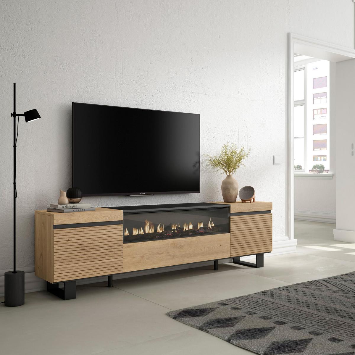 LOWBOARD Eiche, mit Elektrokamin, 200/35/57cm - Eichefarben, Holzwerkstoff (200/57/35cm) - Skraut Home