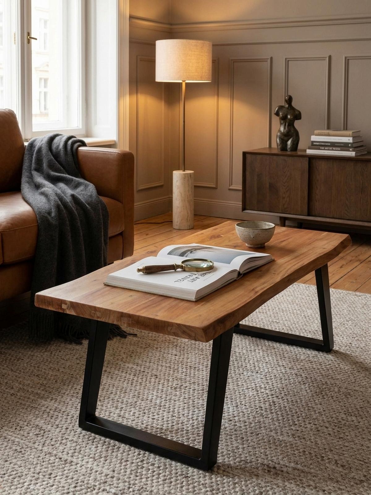 COUCHTISCH Braun Akazie Massivholz Baumkante 120x60x46 cm, Metallbeine U-Form - Schwarz/Akaziefarben, Holz/Metall (60/120/46cm) - KADIMA DESIGN