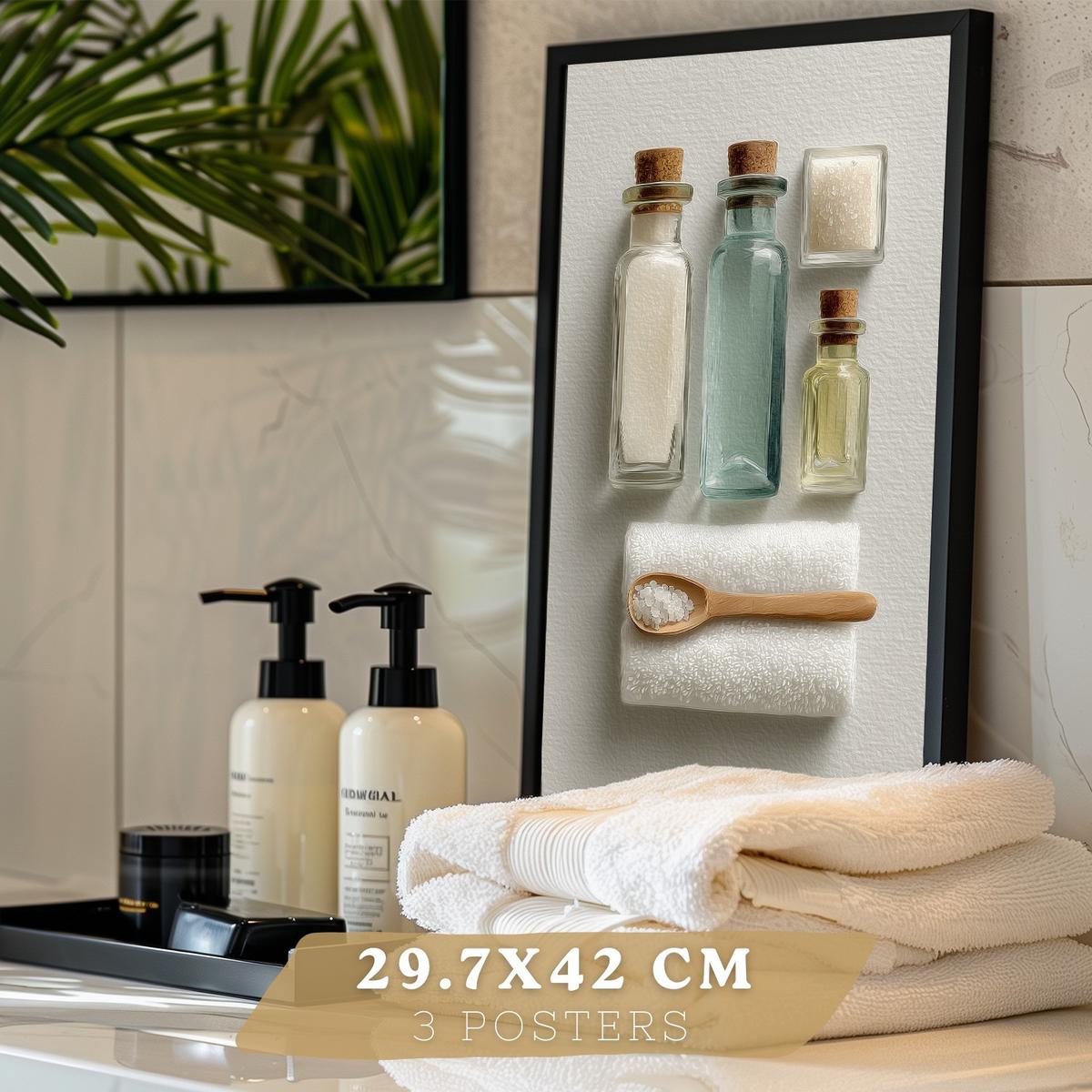 POSTER 3er-Set dekorative Badezimmer-Wandbilder und für Waschbecken, Dusche, WC mit Flaschen, Badesalz und Handtüchern, Naturstil Schwarzer Rahmen A3 - Schwarz, Papier (42/29.7/3cm) - Nacnic