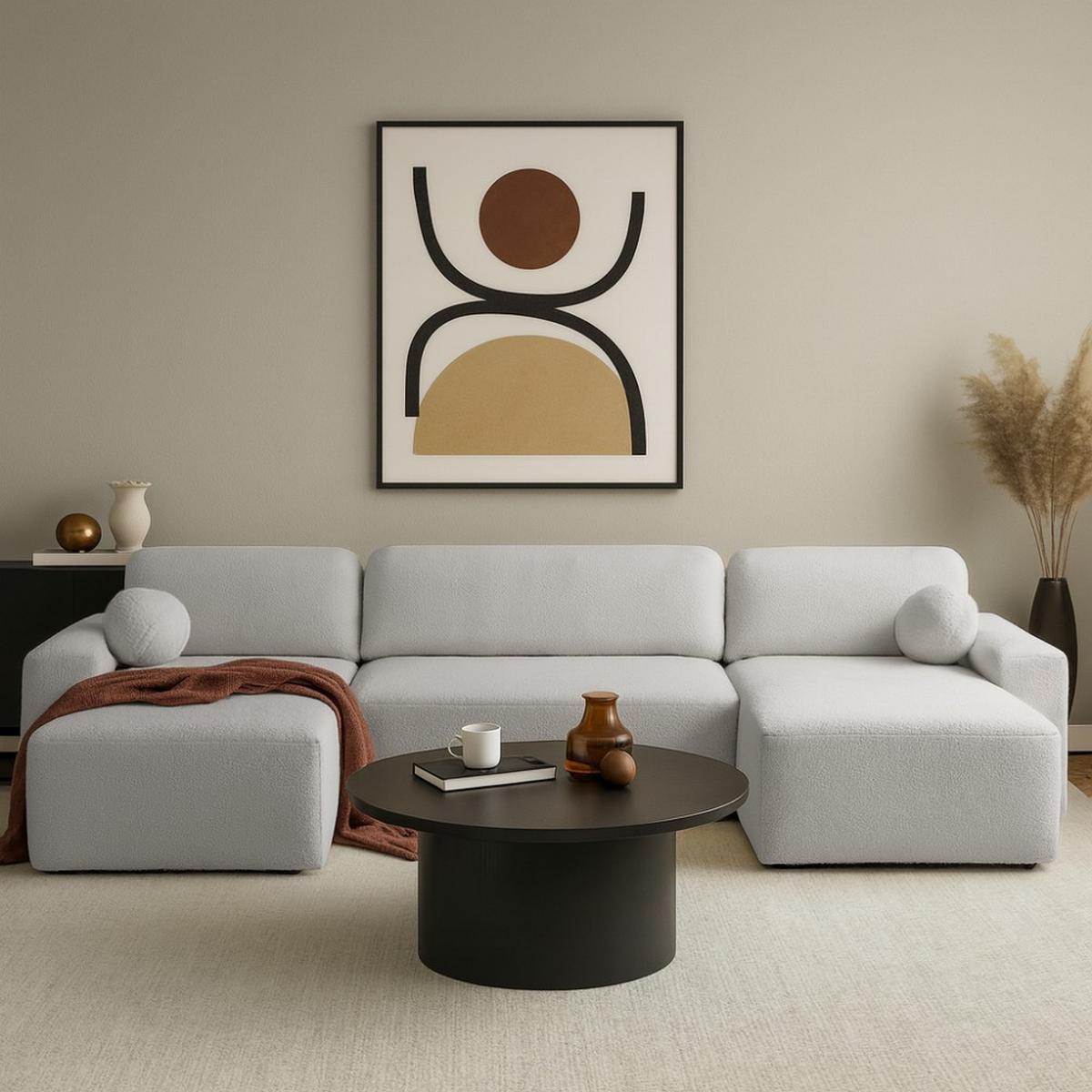 WOHNLANDSCHAFT Noel mit Schlaffunktion, Grau, Bouclé-Stoff - Hellgrau, Holzwerkstoff (375/93/163cm) - Beautysofa