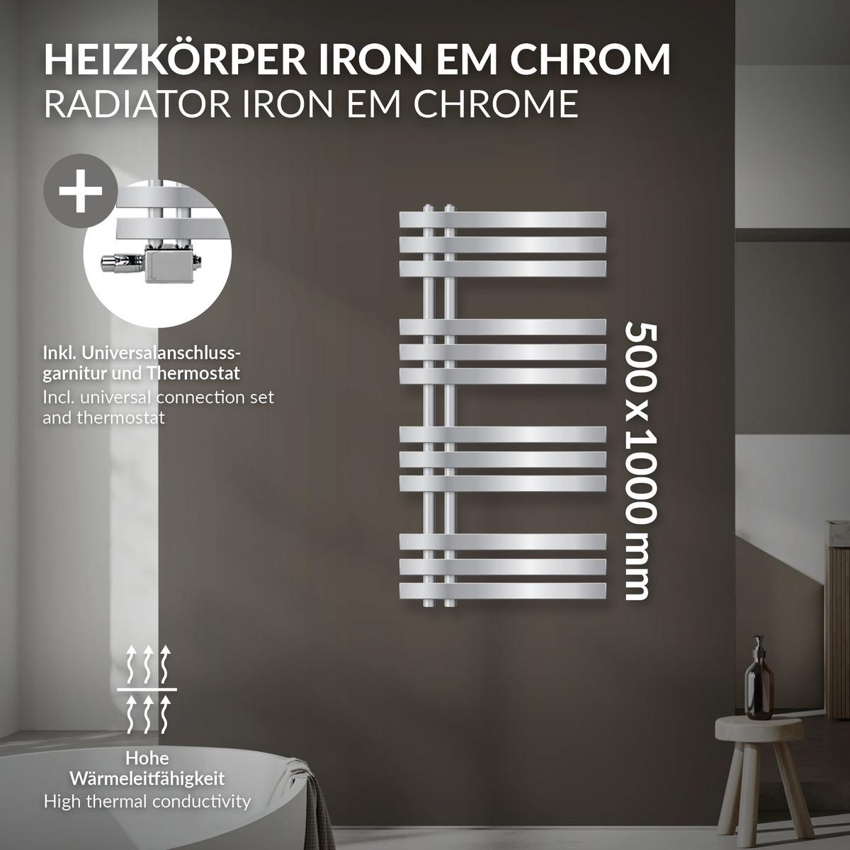 BADHEIZKÖRPER Iron EM 500x1000 mm Chrome mit Ventil Universal - Chromfarben, Metall (50/100/3cm) - LuxeBath