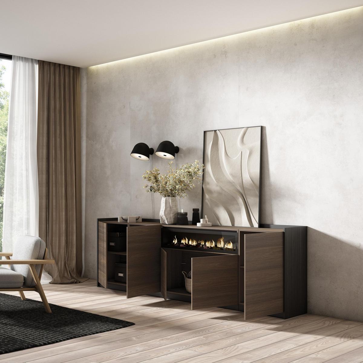 SIDEBOARD, Highboard, Dunkler Eiche und Schwarz, Elektrokamin, 260/37/80cm - Hellbraun, Holzwerkstoff (260/80/37cm) - Skraut Home