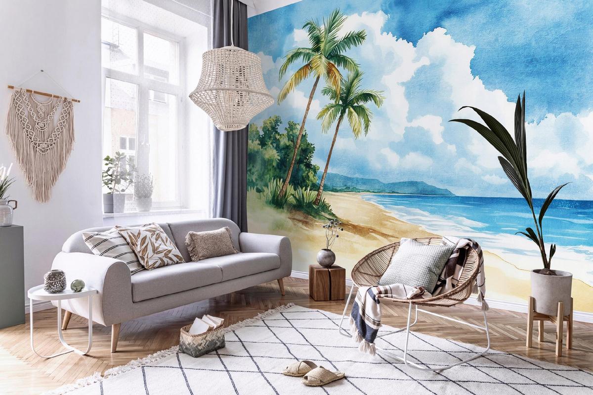 FOTOTAPETE Strand Palmen Blau 312x219 cm - Multicolor, Textil (312/219cm) - Wallarena