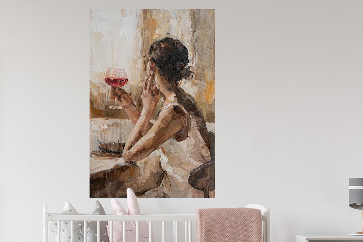 WANDTATTOO Ölgemälde - Frau - Wein Wandaufkleber 80x120 cm - Hellbraun, Kunststoff (80/120/0.1cm) - MuchoWow