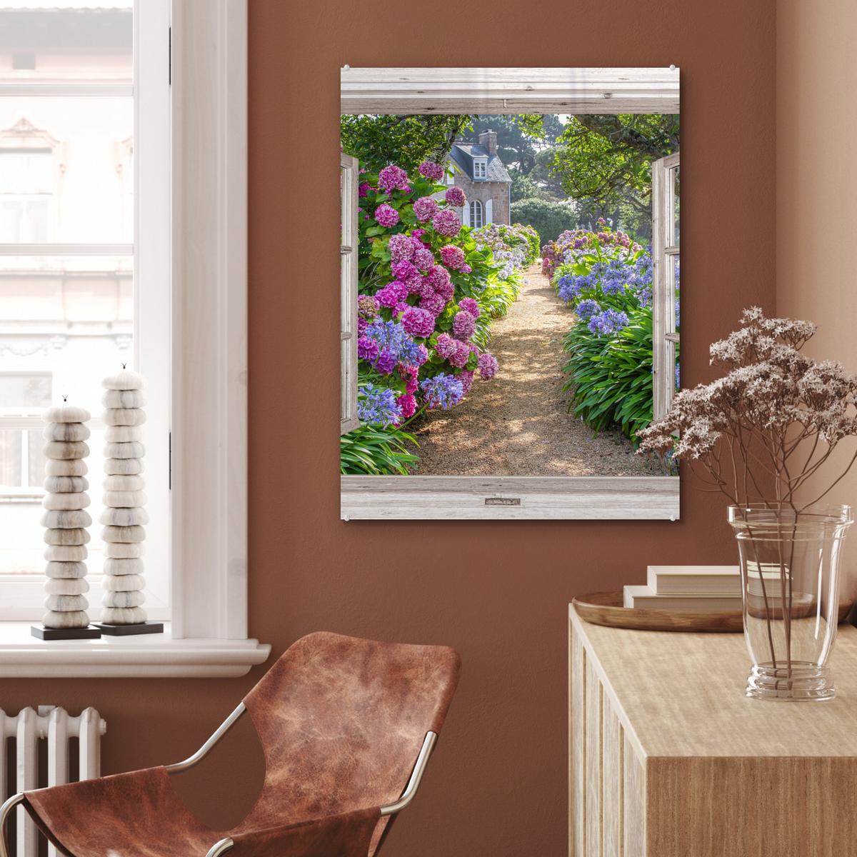 ACRYLGLASBILD Hortensie - Durchsichtig - Blumen - Sommer - Lila - Weg 60x80 cm - Lila, Glas (60/80cm) - MuchoWow