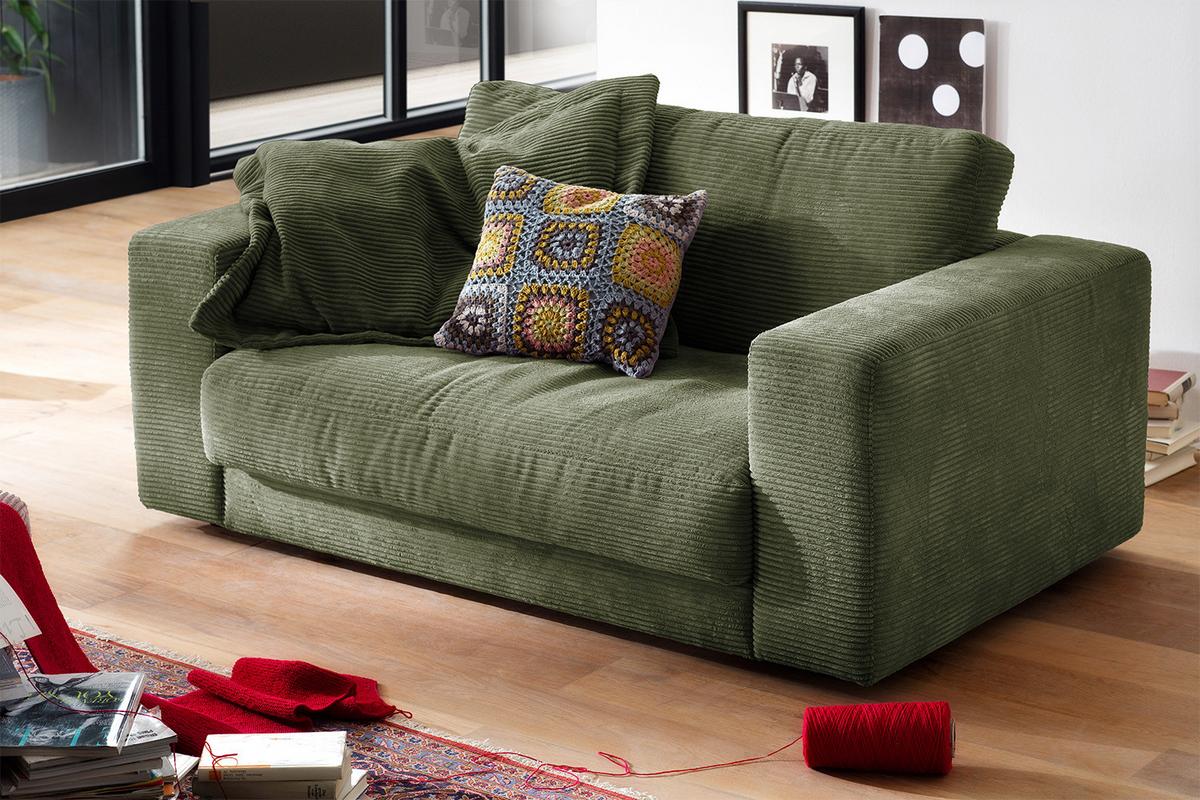 LOVESEAT MADELINE Grün Cord - Schwarz/Olivgrün, Kunststoff/Textil (170/86/127cm) - KAWOLA