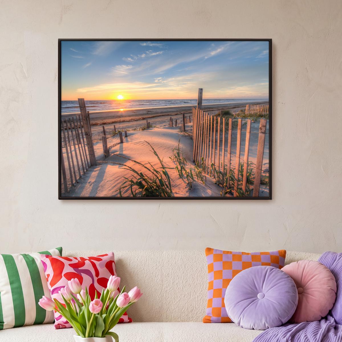 LEINWAND Bilder mit Rahmen - Strand - Meer - Düne - Sonnenuntergang - Landschaft - 100x70 - Beige, Textil (100/70cm) - MuchoWow